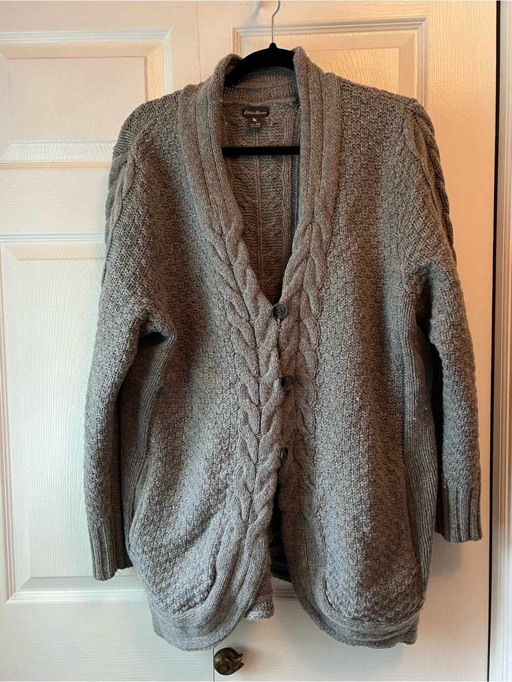 Eddie Bauer Gray Cable-Knit Open Front Wool Cardigan